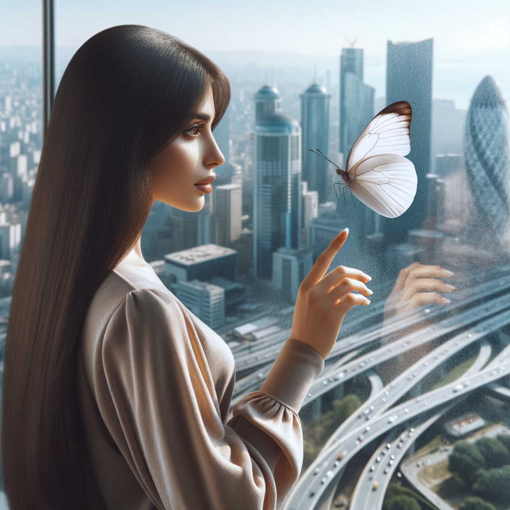 A one white butterfly flying near a glass window. A city showing outside of the window . A young woman is beside the window and she lovingly looking at it. Her face is cover with her dark brown straight  hair