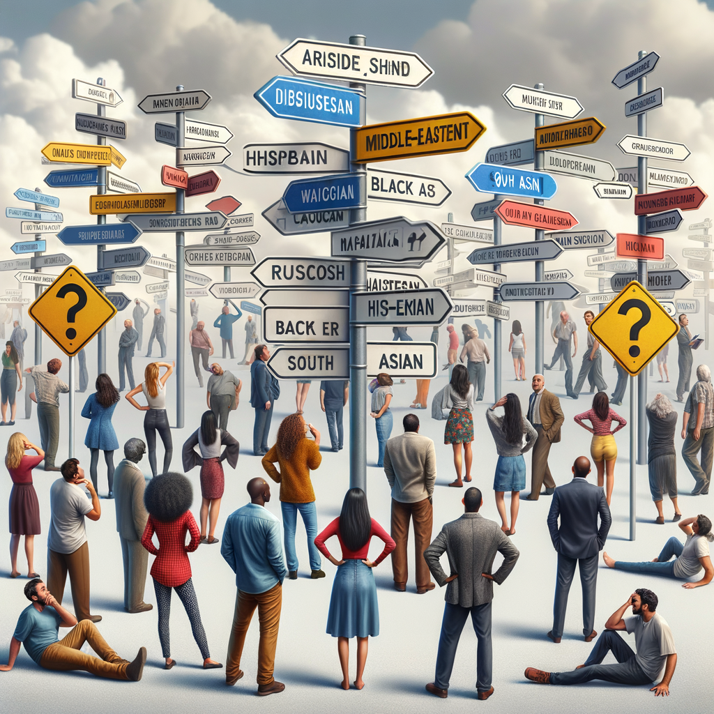 A crowd of confused people standing at multiple road signs, each pointing in a different direction, cloudy atmosphere, indecisive mood