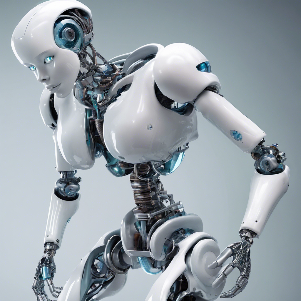 Pictures of a female robot carrying a human baby in his stomach in the sixth month, the belly of the robot is made of glass and looks like the human body.