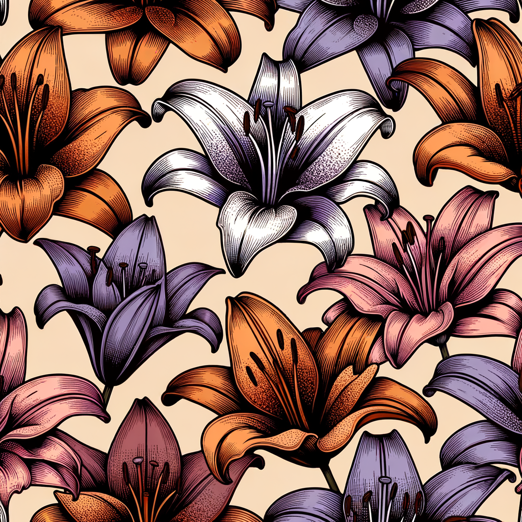 Create a pattern print with lilies. Flowers should have a contrasting color outline. The predominant color should be brown, but also details in lilac and orange.