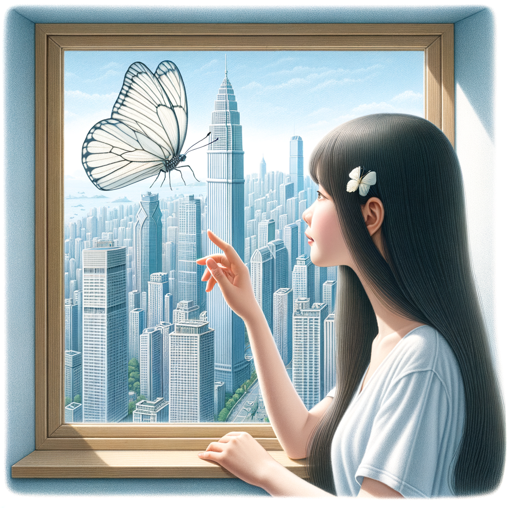 A one white butterfly flying near a glass window. A city showing outside of the window . A young woman is beside the window and she lovingly looking at it. Her face is cover with her dark brown straight  hair