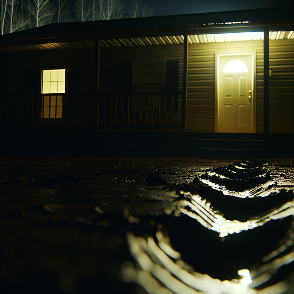 A cinematic, ultra-realistic photo of a tense scene outside a modest house in Enfield, Illinois, at night. The scene is shot from a low angle, looking towards the back door. The porch light casts a harsh glow, illuminating the wet, muddy ground. **In the mud, there are fresh, deep, and distinct three-toed tracks, leading from the dark woods towards the back door.** The atmosphere is eerie, silent, and menacing. The style is professional 1970s horror documentary photography. High detail, 16:9 aspect ratio