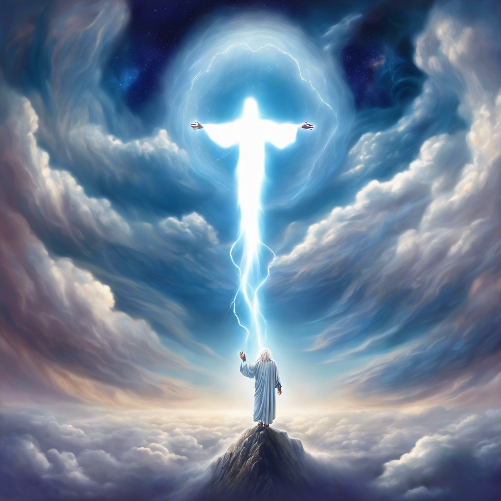 A beautiful sky with Jesus descending from the clouds.  Planets and the universe beautiful. Jesus has white hair and eyes like blue lightning.  Epic landscape.  Jesus has white hair