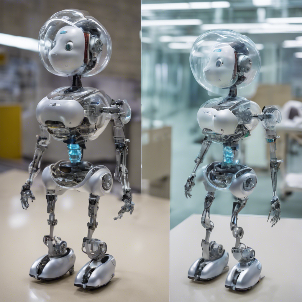 Pictures of a female robot carrying a human baby in its belly in the sixth month. The robot's belly is made of glass and its shape resembles the human body.