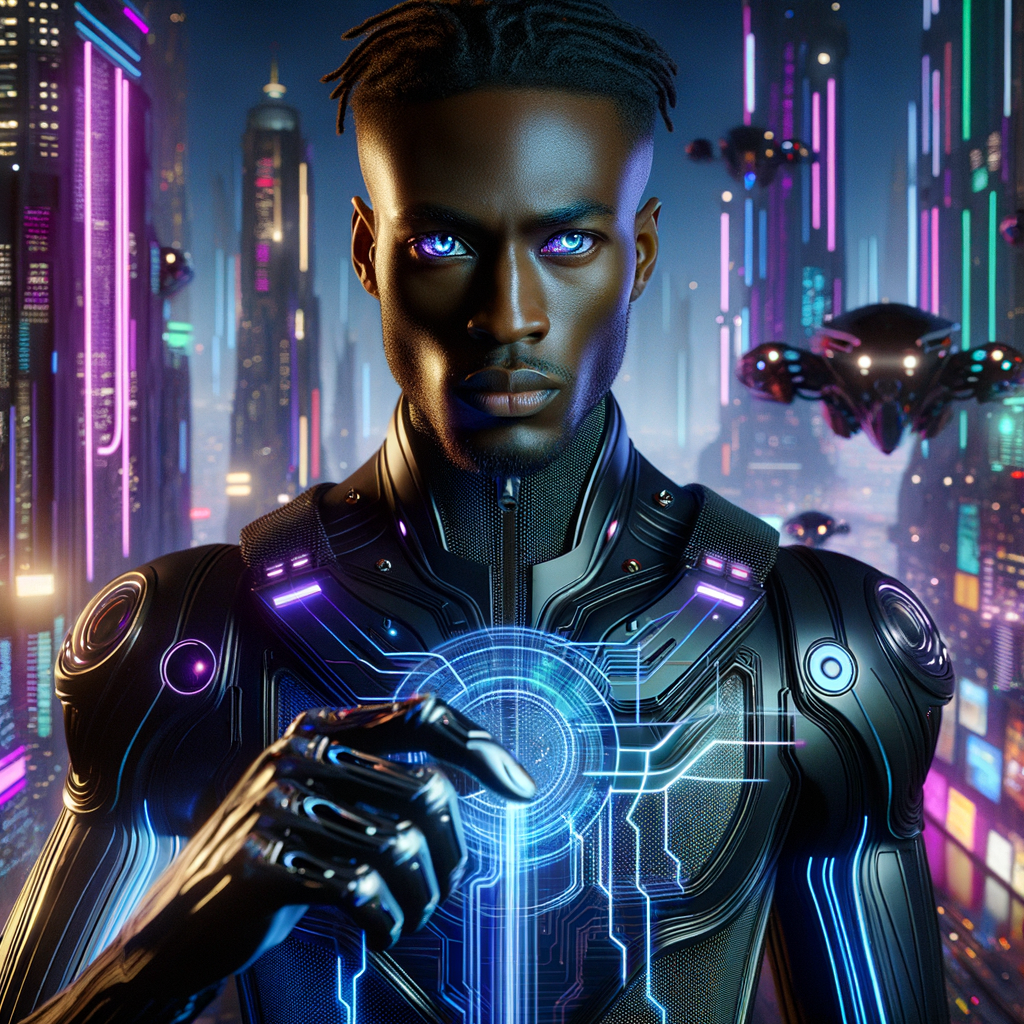 A 30-year-old African man with short dreadlocks and sharp features stands in a neon-lit cybercity, wearing a sleek black-and-silver exo-suit with glowing circuitry patterns. His eyes reflect holographic data streams as he gestures toward a floating AI interface. The background is a blend of towering skyscrapers and drones, with a deep purple-and-blue color palette. Hyper-realistic, cinematic lighting, cyberpunk style