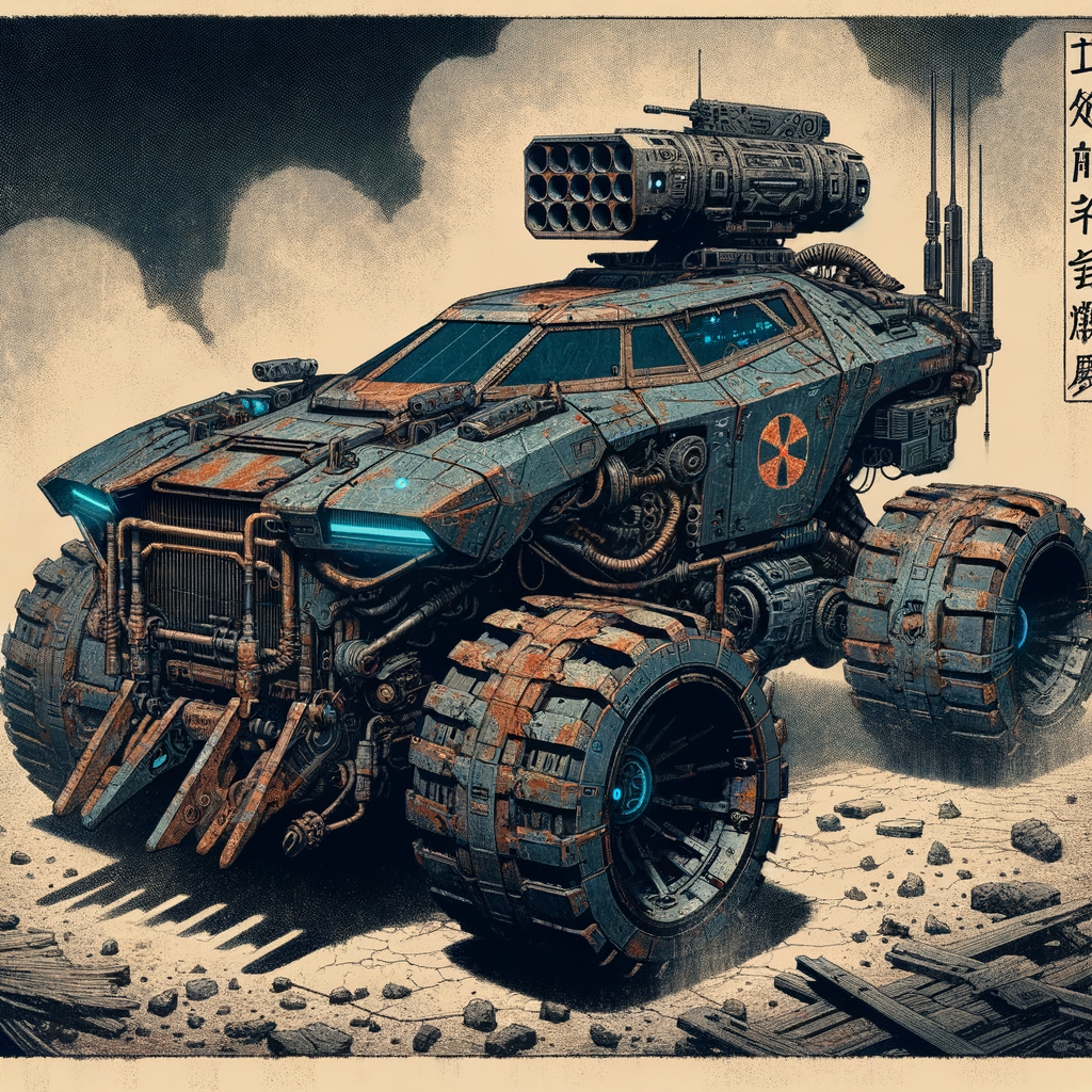 "A futuristic, super car-like combat vehicle designed for close-range destruction. The body is rusted ble with asymmetrical armored plating and exposed core tubing. Its front section features a reinforced slam ram with shock coil veins running through it. Rear-mounted launcher pods and treaded siege wheels give it a brutal, heavy-duty appearance. Glowing war sigils faintly pulse on its surface. The faceplate resembles a broken knight’s helm, and it has a subtle humanoid transformation capability. The atmosphere is gritty and war-torn, with smoke and ruins in the background,anime style".
