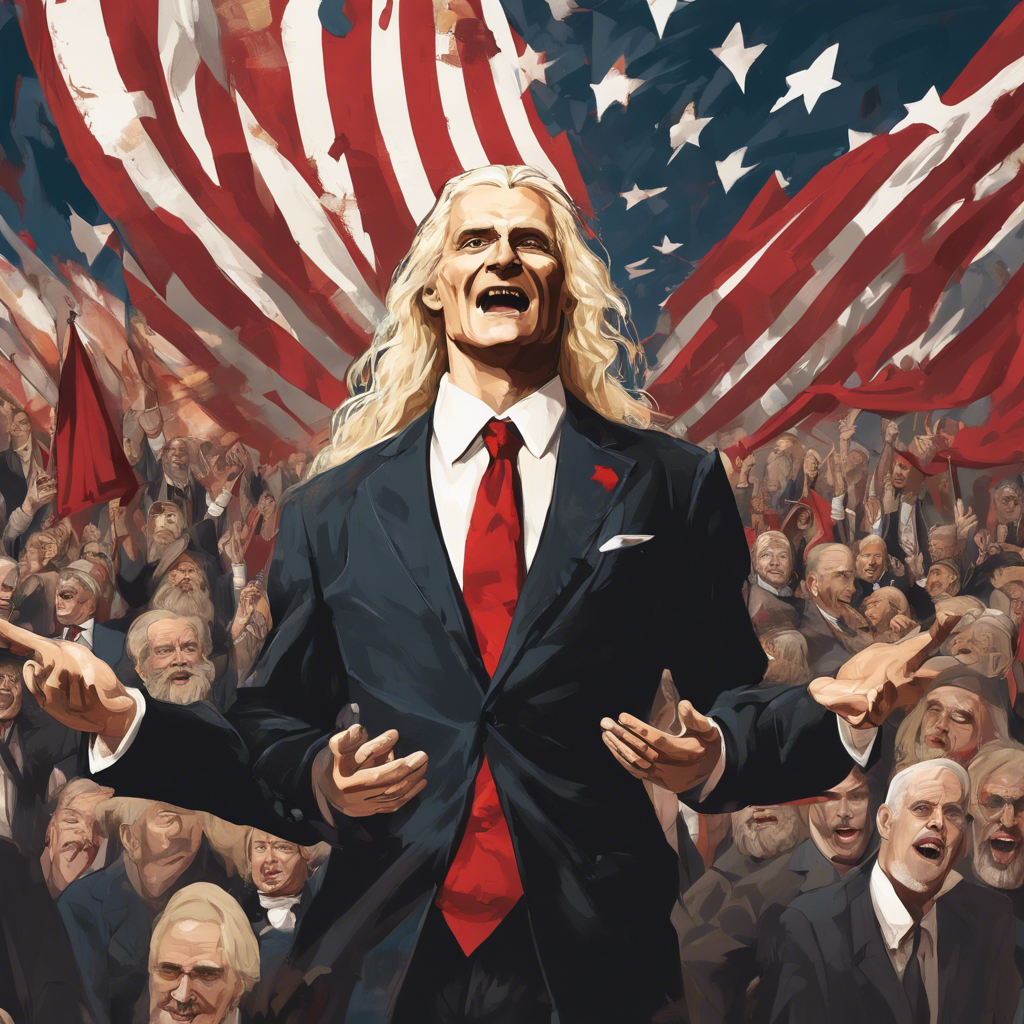 A charismatic figure with a distinctive blonde hairstyle, wearing a dark suit and red tie, confidently gesturing from a grand stage with patriotic banners and enthusiastic supporters painted by Leonardo Da Vinci--ar 3:4 --chaos 10 --ar 3:4 --style raw