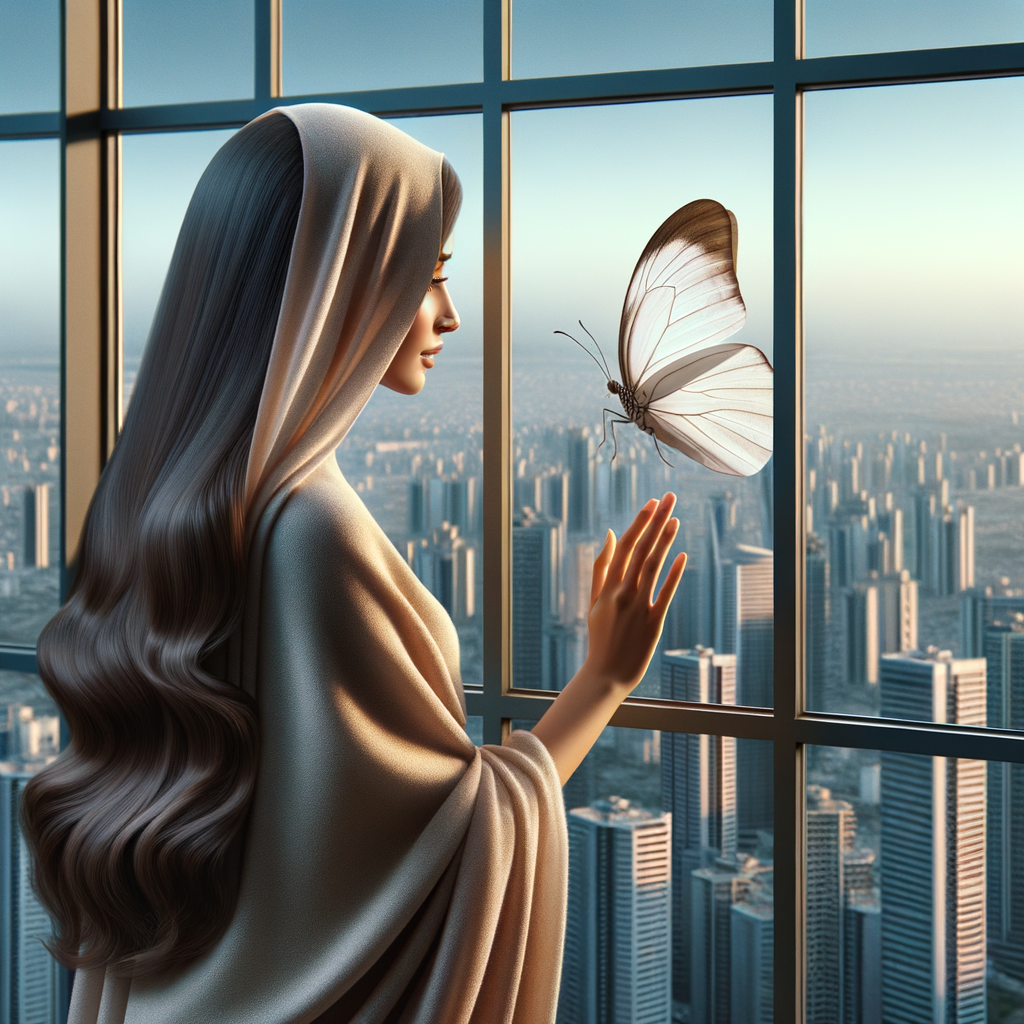 A one white butterfly flying near a glass window. A city showing outside of the window . A young woman is beside the window and she lovingly looking at it. Her face is cover with her dark brown straight  hair