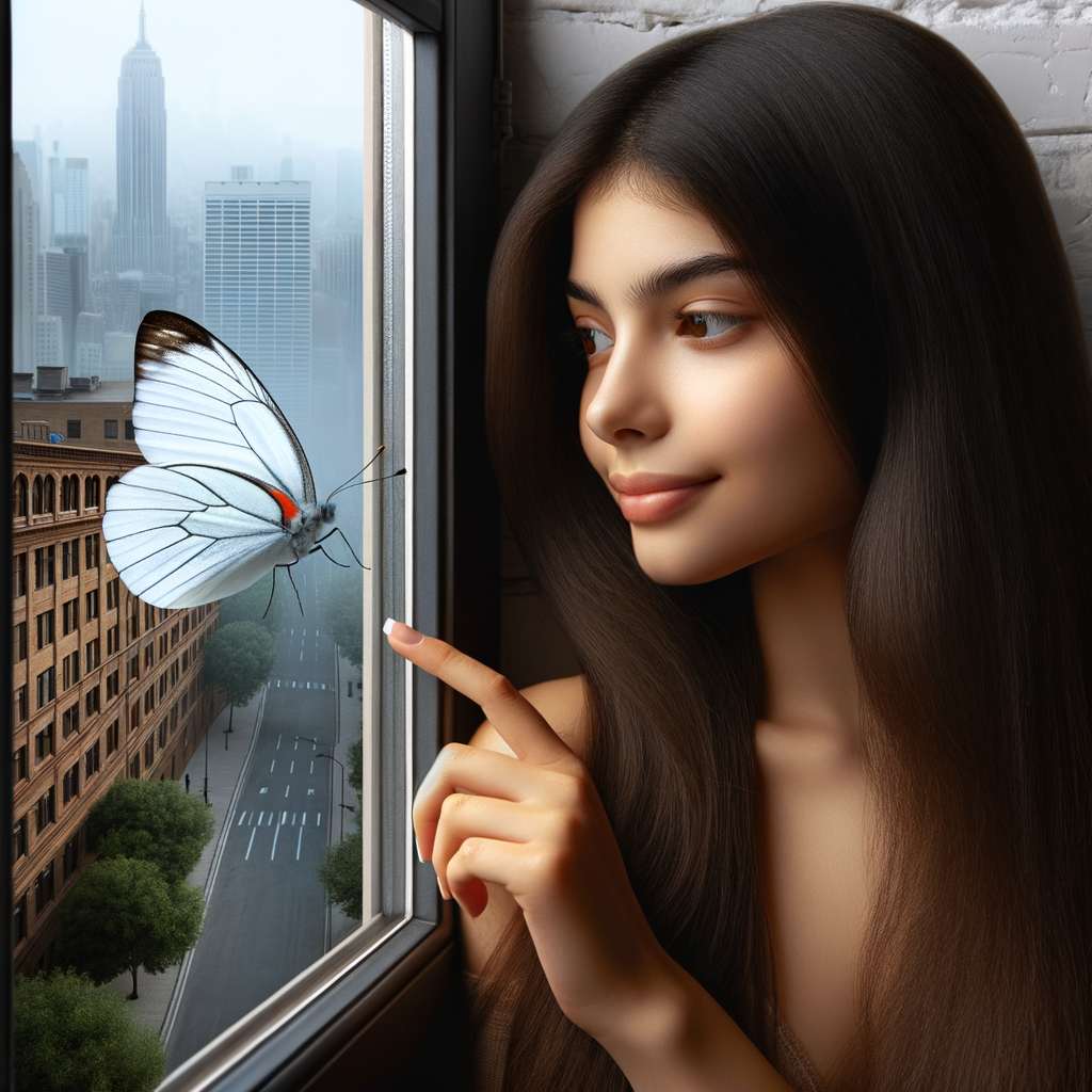 A one white butterfly flying near a glass window. A city showing outside of the window . A young woman is beside the window and she lovingly looking at it. Her face is cover with her dark brown straight  hair