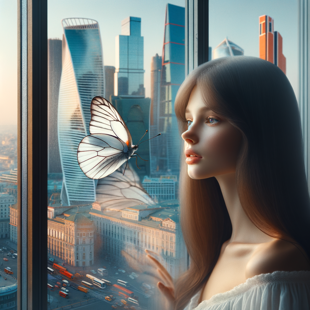 A one white butterfly flying near a glass window. A city showing outside of the window . A young woman is beside the window and she lovingly looking at it. Her face is cover with her dark brown straight  hair