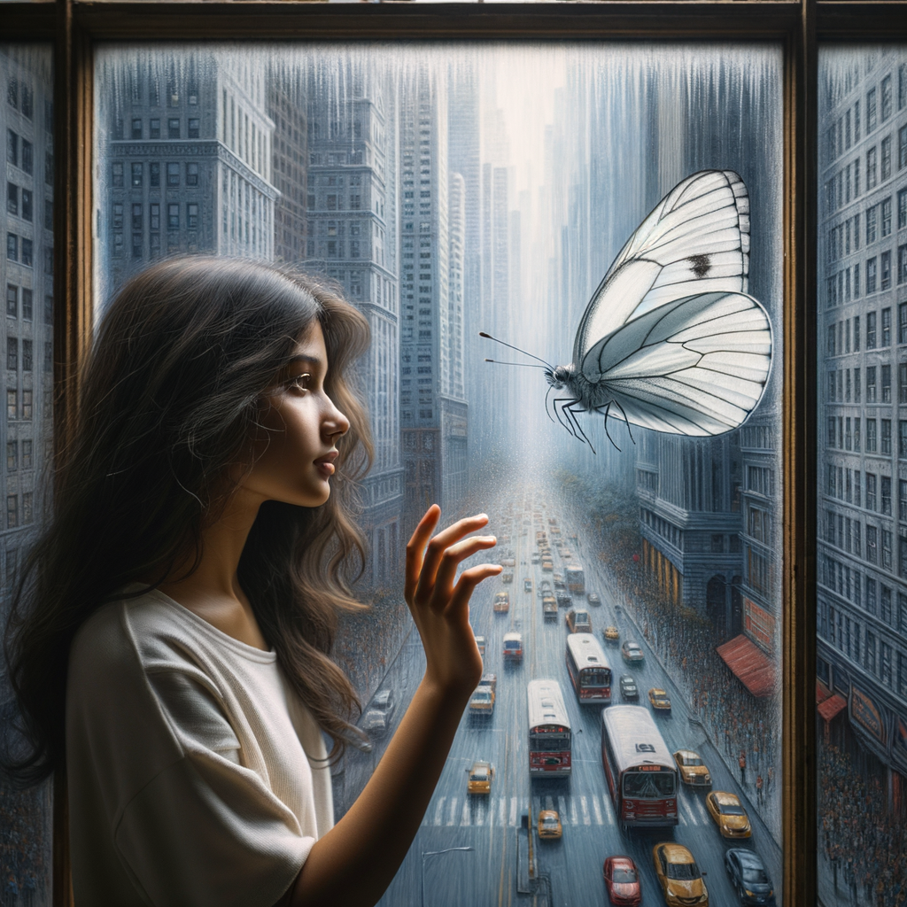 A one white butterfly flying near a glass window. A city showing outside of the window . A young woman is beside the window and she lovingly looking at it. Her face is cover with her dark brown hair