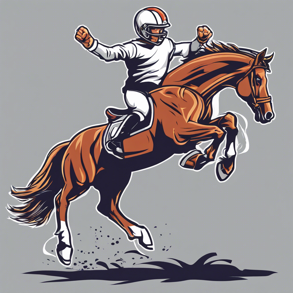 Create a high school style horse of a mascot jump, jumping out of a T-shirt