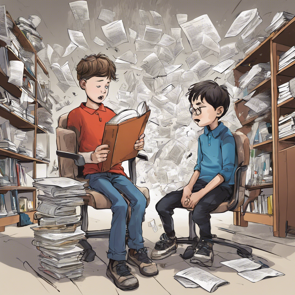 A boy having  difficulty reading sitting on a chair with a Sen educator by his side surrounded by chaos  in the world