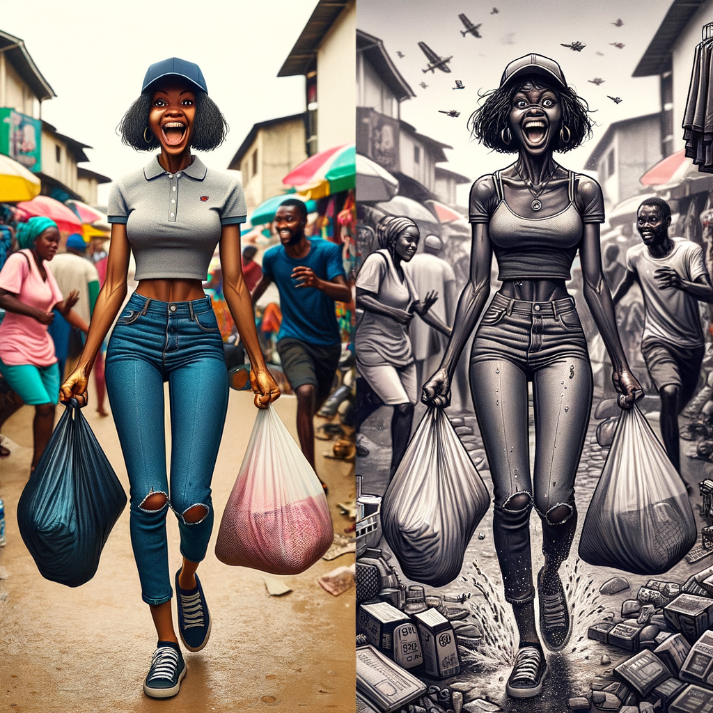 A NIGERIAN-style split image – one side shows a girl wearing a knee lenght jean trousers a polo and a face capentering Balogun Market, and the other side shows the SAME girl sweaty and drained with bags in both hands.