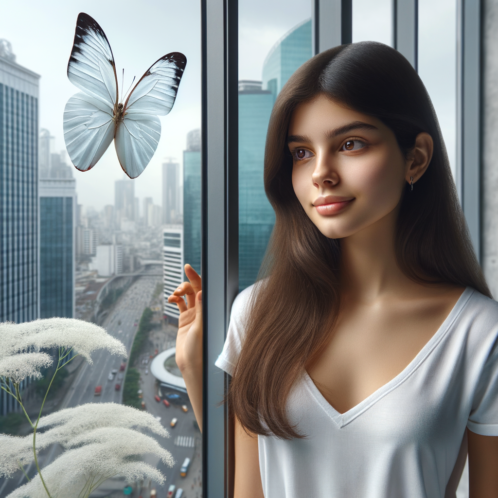 A one white butterfly flying near a glass window. A city showing outside of the window . A young woman is beside the window and she lovingly looking at it. Her face is cover with her dark brown straight  hair