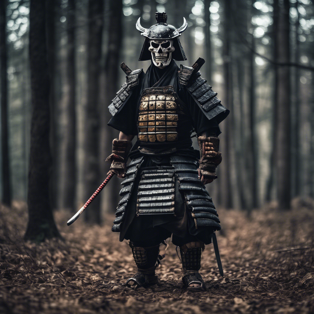 full body, shogun, forest, night, terrifying, horrible, scary, horror, mask having the form of a human skull with cracks, armour of an ancient samurai in Japanese style, cinematic, photorealistic, natural light, ultrarealistic, candid pose