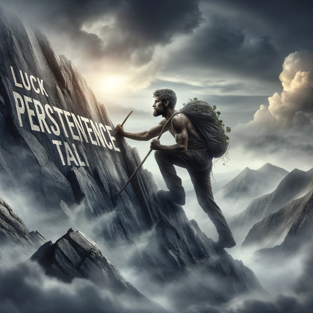 A determined person climbing a steep mountain with words like “Luck” and “Talent” fading away in the background, while “Persistence” is carved boldly into the mountain face.