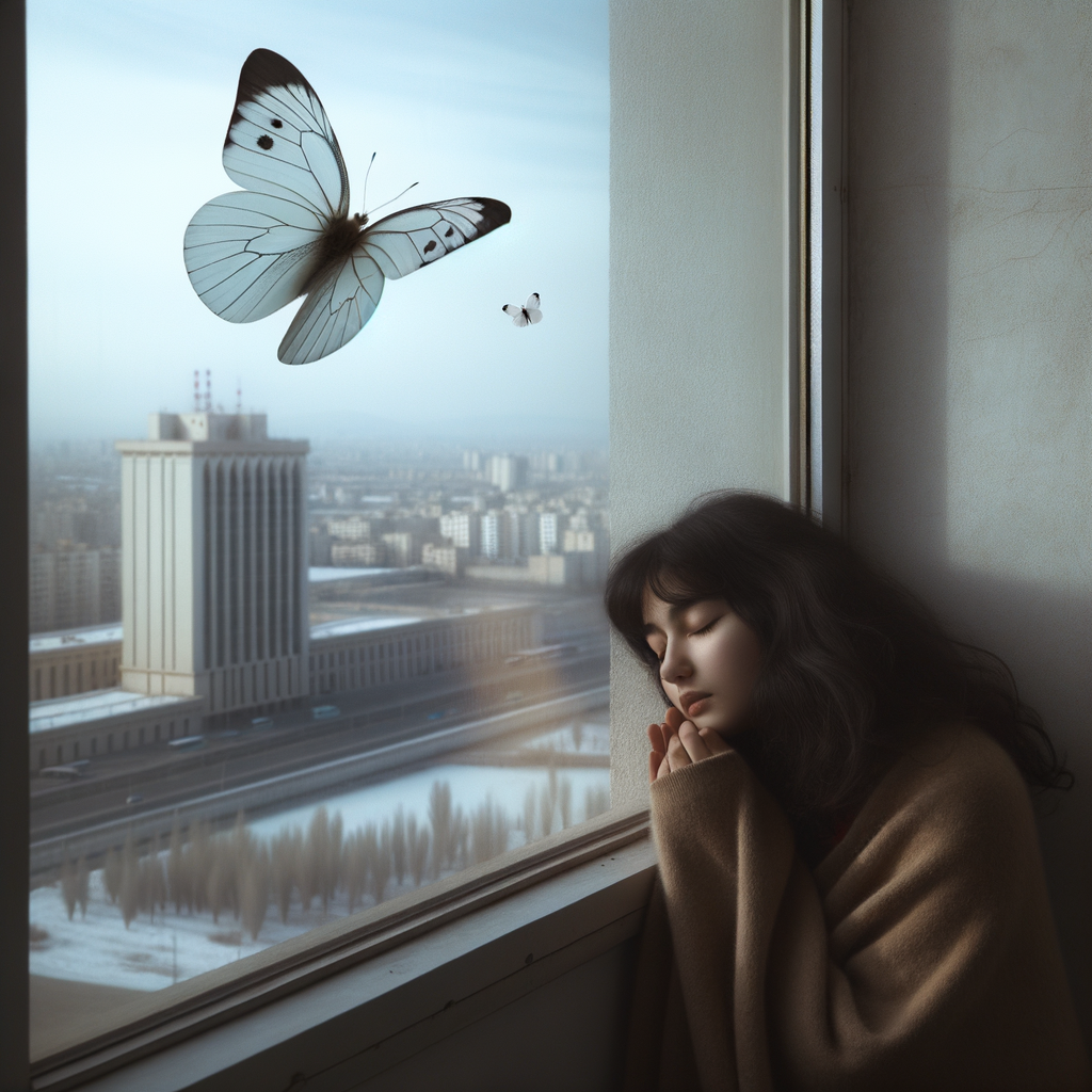 A one white butterfly flying near a glass window. A city showing outside of the window . A young woman is beside the window and she lovingly looking at it. Her face is cover with her dark brown hair