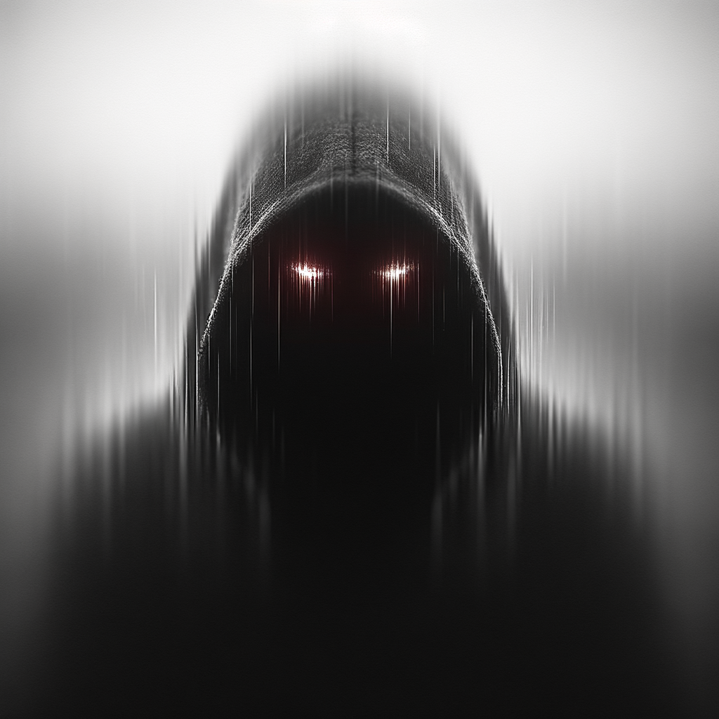 Wygeneruj mi czarnobiały obraz czarnej pustki w kapturze z czerwonymi oczami. LEKKO rozmaż jak na długim naświetlaniu. (zrób jak na profilowym travisa scotta na Spotify)