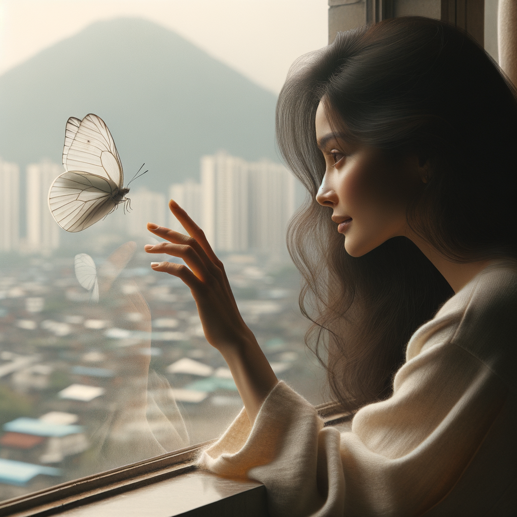 A one white butterfly flying near a glass window. A city showing outside of the window . A young woman is beside the window and she lovingly looking at it. Her face is cover with her dark brown hair