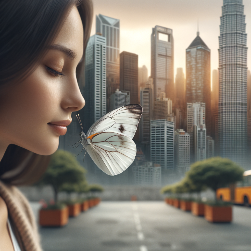 A one white butterfly admist the city. A young woman lovingly looking at it. Her face is cover with her dark brown hair