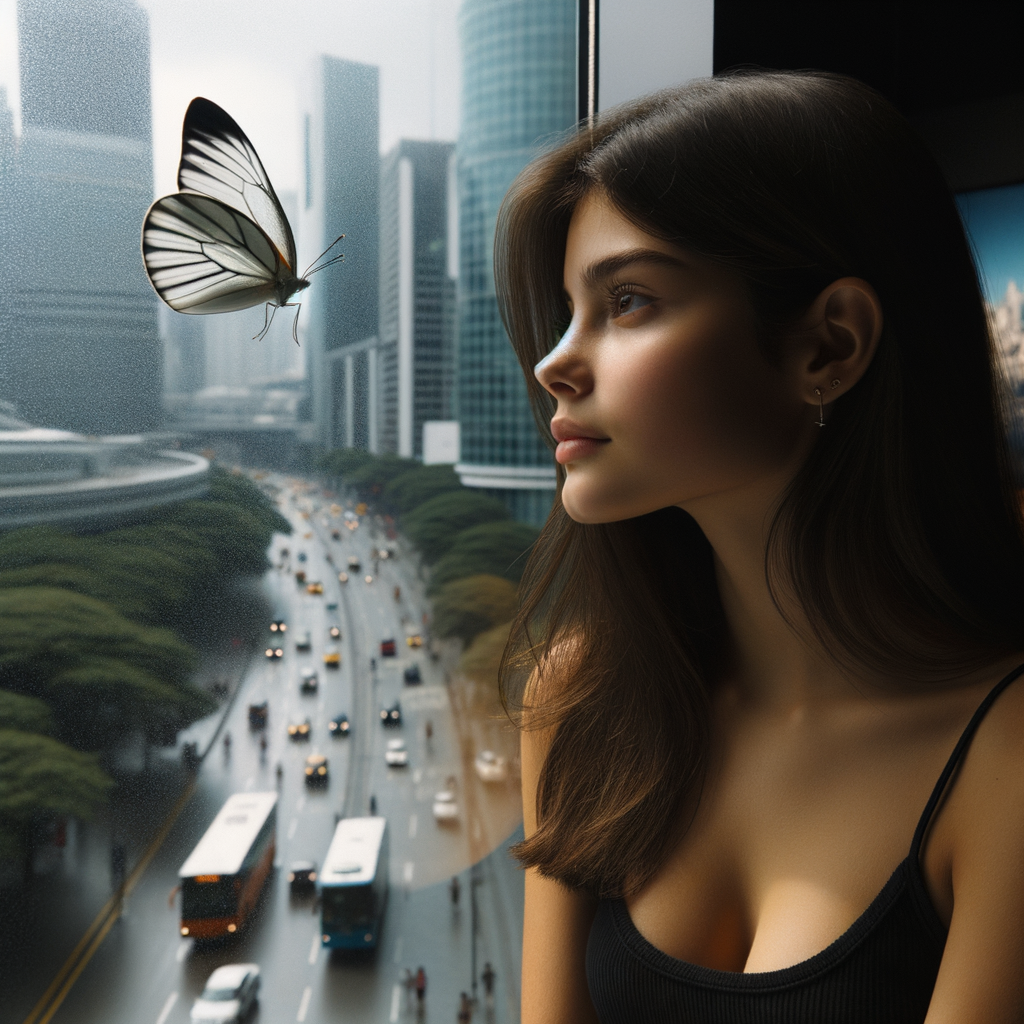 A one white butterfly flying near a glass window. A city showing outside of the window . A young woman is beside the window and she lovingly looking at it. Her face is cover with her dark brown straight  hair