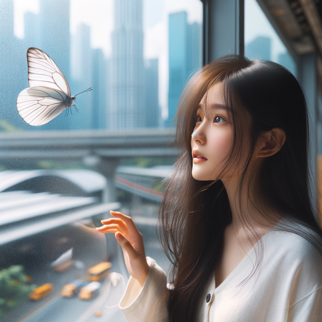 A one white butterfly flying near a glass window. A city showing outside of the window . A young woman is beside the window and she lovingly looking at it. Her face is cover with her dark brown hair