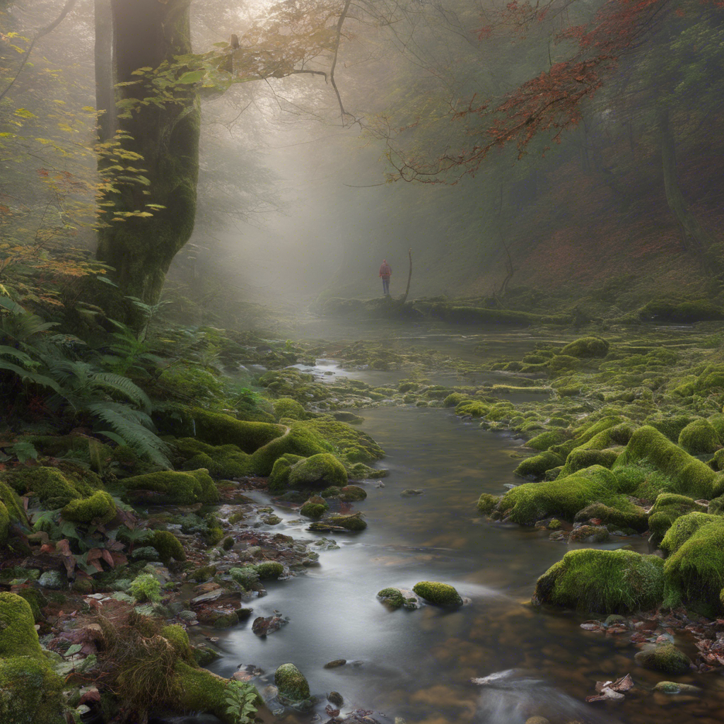 Whispers of the Wild: "The stillness of a misty forest is gently broken by the approach of a fawn towards a human figure, who offers a handful of leaves as a peace offering. The scene is a whisper of the wild, with light filtering through the canopy, creating a soft focus on the emerging bond between man and nature."