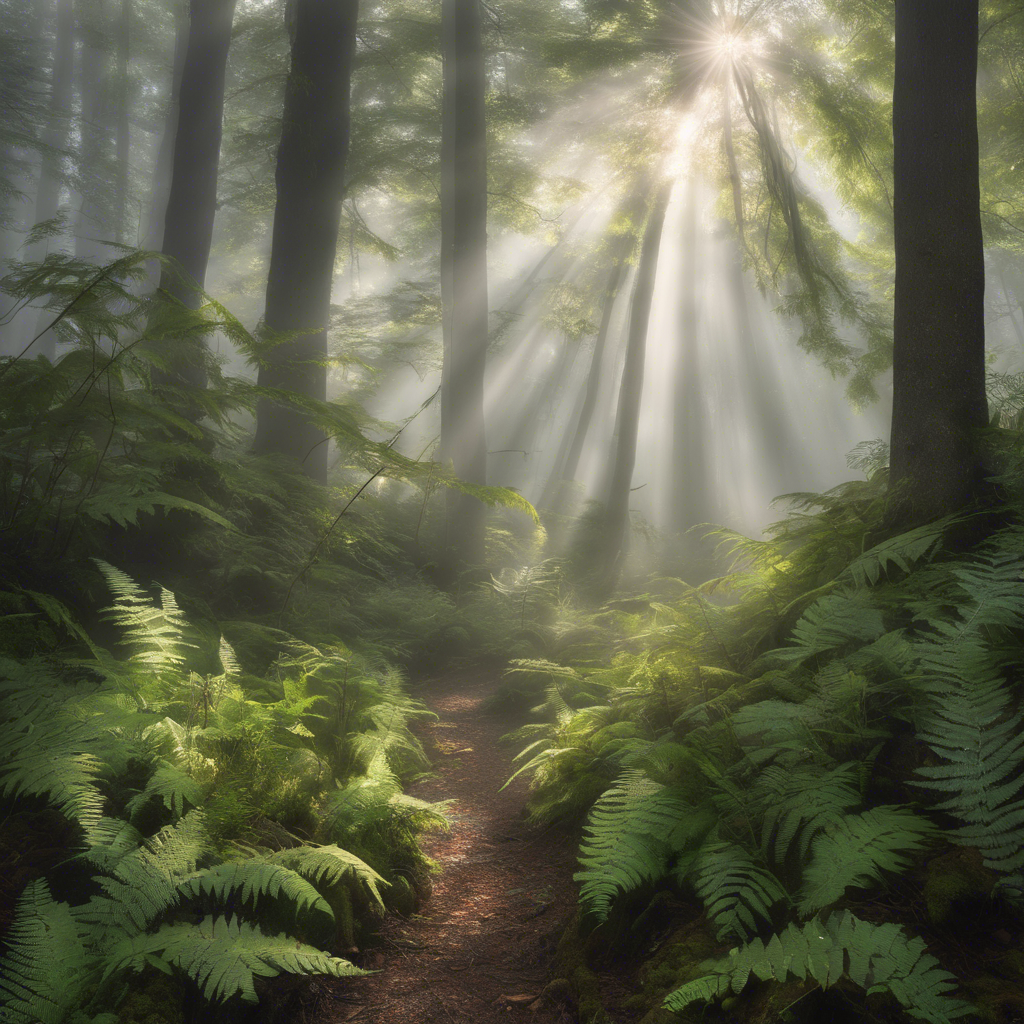 43.	A misty forest with sunlight streaming through the fog and ferns covering the forest floor.