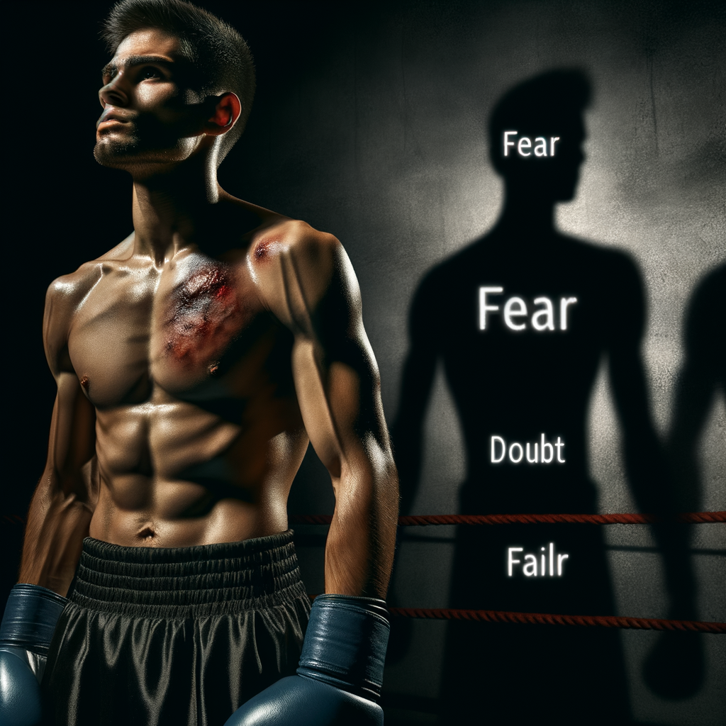 A boxer standing back up in the ring after being knocked down, bruised but focused, with shadows labeled “Fear,” “Doubt,” and “Failure” looming behind.