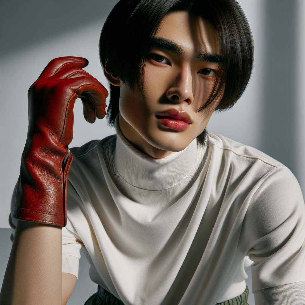 Model looking directly at the camera with a confident expression, lips slightly parted, with a slight smile. She wears a white high-neck t-shirt, with a loose, roomy fit, and green leather shorts. She also wears red leather gloves. His hands are over his head. Her hair is long and straight, with straight bangs at the front. The hair is back. The background is light gray with soft shadows and the lighting is dramatic. The camera angle is slightly low, highlighting his powerful stance. The overall look is modern, minimalist and couture.