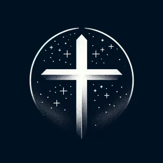 AI generated image: has una cruz blanca con puntas puntiagudas y fondo estrellado oscuro mas simple