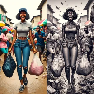 AI generated image: A NIGERIAN-style split image – one side shows a girl wearing a knee lenght jean trousers a polo and a face capentering Balogun Market, and the other side shows the SAME girl sweaty and drained with bags in both hands.