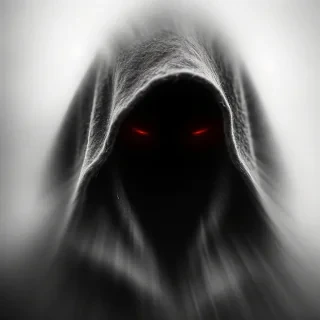 AI generated image: Wygeneruj mi czarnobiały obraz czarnej pustki w kapturze z czerwonymi oczami. LEKKO rozmaż jak na długim naświetlaniu. (zrób jak na profilowym travisa scotta na Spotify)