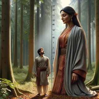 AI generated image: ein bild von einer 10 meter großen frau und einem 1 meter großem mann auf ihrer schulter im wald