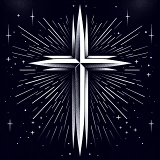 AI generated image: has una cruz blanca con puntas puntiagudas y fondo estrellado oscuro
