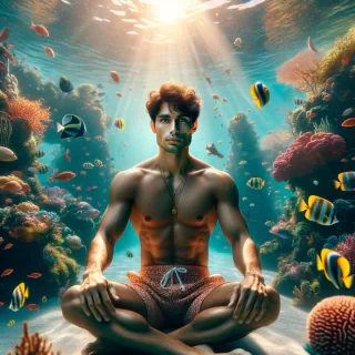AI generated image: A photo-realistic shoot from a front camera angle about a muscular, shirtless man sitting in an underwater environment surrounded by colorful fish and coral. the image also shows sunlight filtering through the water, creating a serene atmosphere. on the middle of the image, a muscular man, who appears to be in his mid-twenties, with short, wavy brown hair and a serious expression, is sitting with his legs spread apart, wearing only an orange and white patterned swimsuit. he has a slim physique, with a few visible abs, and is looking directly at the camera with a neutral expression. he is wearing a gold necklace around his neck. the background features a vibrant coral reef with small yellow fish swimming around him.