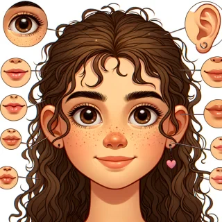 AI generated image: Generate a girl with a round face shape, very prominent shin shape, round chin shape, present cliff, chin, light tan, skin curly hair, dark brown hair, very dark eyebrows that are bushy and connected with brown eyes and for apart eyes that are large in almond shape and horizontal with long eyelashes, a short, thin mouth That are slightly pretty protruding dimples that are present medium size nose, round nose shape, round, nostril shape, attached earlobes present Darwin’s ear point present ear pits apps, present, freckles and cheeks, and forehead, short and small teeth