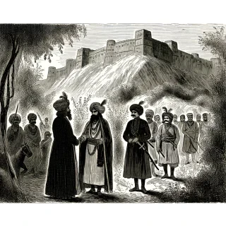 AI generated image: Instead of facing Afzal Khan directly in open battle, Shivaji Maharaj used his intelligence and strategy. He invited Afzal Khan for a peace meeting at the foothills of Pratapgad Fort, where both leaders would meet with only a few bodyguards.