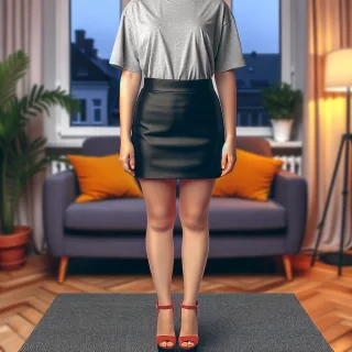 AI generated image: beautiful 30-years old caucasian woman, in mini skirt and t-shirt, high heels, in her room, face to me, full body view, fotorealistic portrait