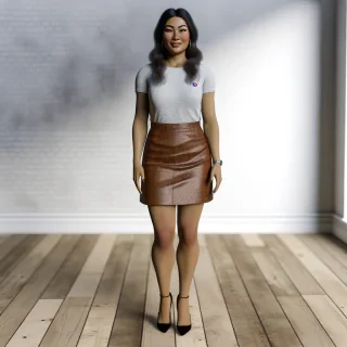 AI generated image: beautiful 30-years old woman, in mini skirt and t-shirt, high heels, in her room, face to me, full body view, fotorealistic portrait