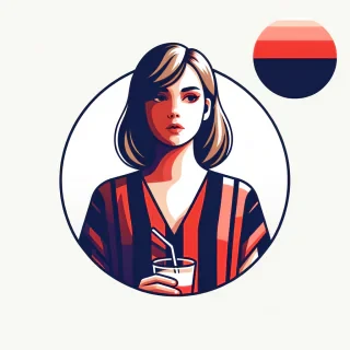 AI generated image: Create beautiful 2D circular print design for t-shirts. The drawing [a girl in a striped blouse holding a drink], [front], [soft light], [red navy blue], the background is white. Art on t-shirts. 2D vector art."