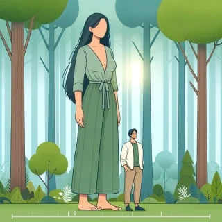 AI generated image: ein bild von einer 10 meter großen frau und einem 1 meter großem mann auf ihrer schulter im wald