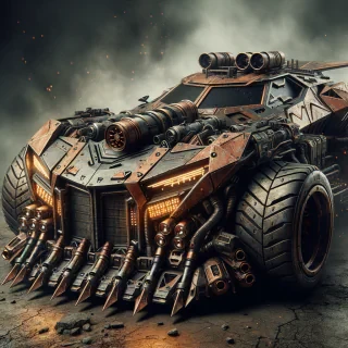 AI generated image: "A futuristic, super car-like combat vehicle designed for close-range destruction. The body is rusted bronze with asymmetrical armored plating and exposed core tubing. Its front section features a reinforced slam ram with shock coil veins running through it. Rear-mounted launcher pods and treaded siege wheels give it a brutal, heavy-duty appearance. Glowing war sigils faintly pulse on its surface. The faceplate resembles a broken knight’s helm, and it has a subtle humanoid transformation capability. The atmosphere is gritty and war-torn, with smoke and ruins in the background."