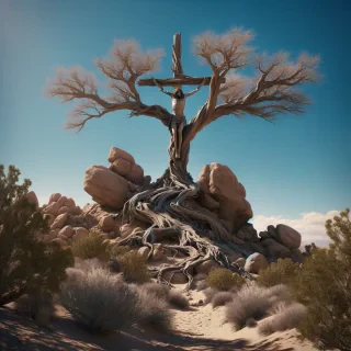 AI generated image: realistic desert landscape where trees and rocks naturally form the illusion of Jesus Christ on the cross. From afar, the branches and trunk resemble His outstretched arms, while the rocky base shapes the cross. The scene should feel like a hidden message in nature, not painted. Clear blue sky, cinematic lighting, hyper-realistic photography style.