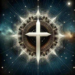 AI generated image: has una cruz blanca con puntas puntiagudas y fondo estrellado