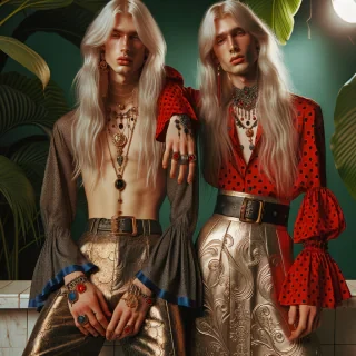AI generated image: Two androgynous fashion models with long platinum blonde hair, posing together in an indoor tropical setting with green leaves in the background. The model on the left is shirtless, embracing the other at the waist. The model on the right wears a red blouse with black polka dots and flared sleeves, paired with a gold metallic mini skirt featuring embossed baroque patterns. Both wear maximalist accessories: large layered necklaces with pendants, bold rings, and artisan-style bracelets. Soft lighting creates a dramatic and sophisticated mood, inspired by high-fashion editorials. Vertical framing, intense and elegant pose, conceptual fashion magazine style.