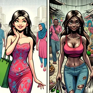 AI generated image: A comic-style split image – one side shows a well-dressed girl entering Balogun Market, and the other side shows the same girl sweaty and drained with bags in both hands.