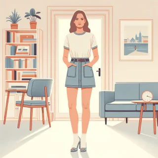 AI generated image: beautiful 30-years old woman, in mini skirt and t-shirt, high heels, in her room, face to me, full body view,fotorealistic