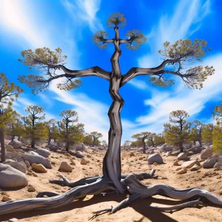 AI generated image: realistic desert landscape where trees and rocks naturally form the illusion of Jesus Christ on the cross. From afar, the branches and trunk resemble His outstretched arms, while the rocky base shapes the cross. The scene should feel like a hidden message in nature, not painted. Clear blue sky, cinematic lighting, hyper-realistic photography style.